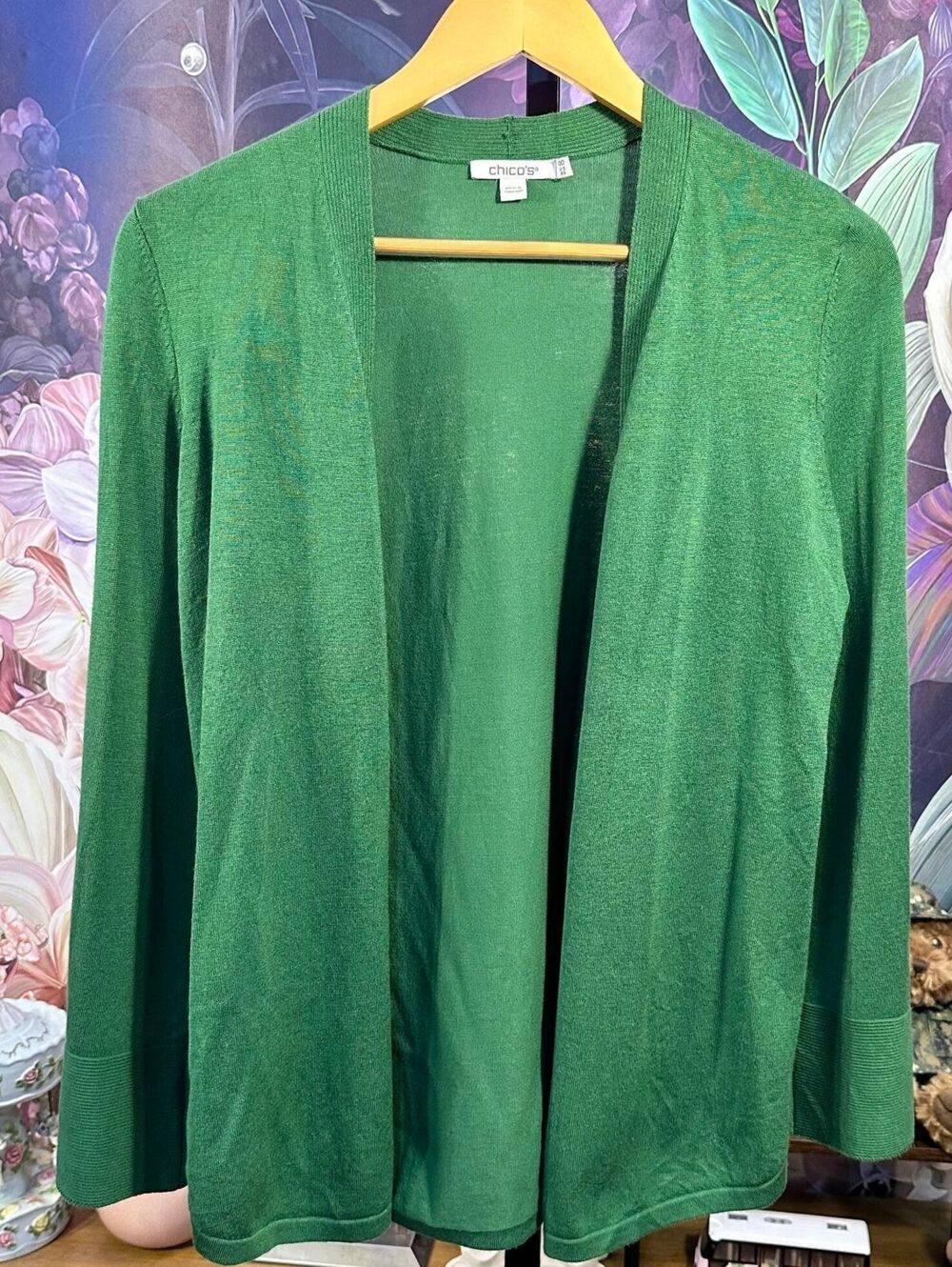 Chico's 00 XS Green Open Front Cardigan Sweater Long Sleeve Button Cuff Knit